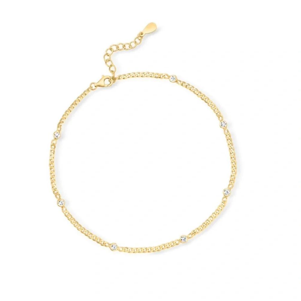 NEW Ross Simons Italian CZ Station Curb-Link Anklet in 18kt Gold Over Sterling